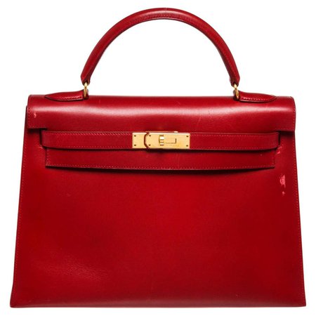 Hermes Red Leather Kelly 32cm Handbag For Sale at 1stDibs