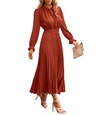 PRETTYGARDEN Women's 2023 Fall Midi Dress Casual Long Sleeve V Neck Swiss Dot Pleated A Line Flowy Dresses at Amazon Women’s Clothing store