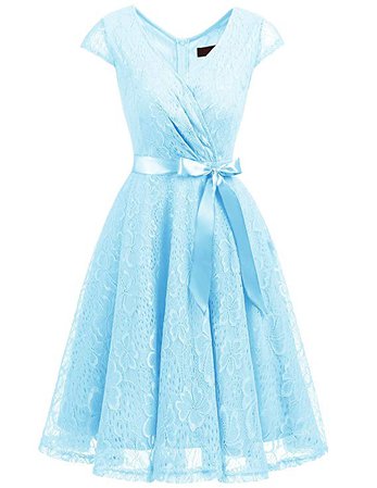 DRESSTELLS DresstellsShort V Neck Bridesmaid Ruched Dress Lace Cocktail Dresses with Belt at Amazon Women’s Clothing store: