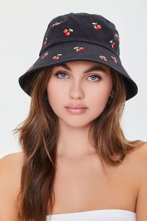 Embroidered Cherry Print Bucket Hat