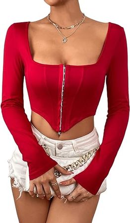 SHENHE Women's Long Sleeve Crop Top Tee Square Neck T Shirt Solid Asymmetrical Blouse at Amazon Women’s Clothing store