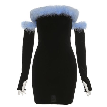 Black Off-Shoulder Mini Dress With Gloves And Blue Fur Accents– yoursblack