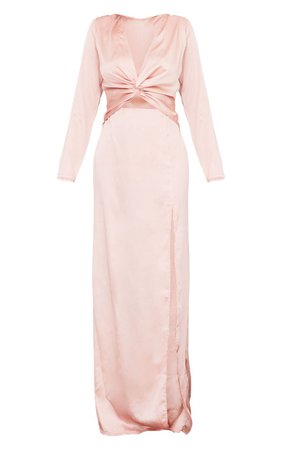Dusty Pink Twist Detail Long Sleeve Satin Maxi Dress | PrettyLittleThing USA