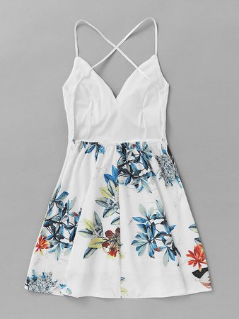 Criss Cross Back Lace Panel Plant Print Dress | SHEIN SE