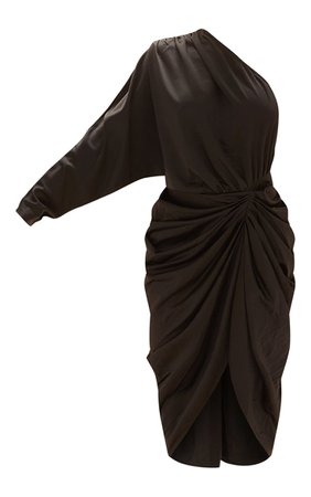 Black Satin One Shoulder Draped Midi Dress | PrettyLittleThing USA