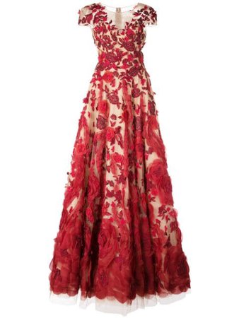 Red Marchesa Floral Appliqué Gown | Farfetch.com