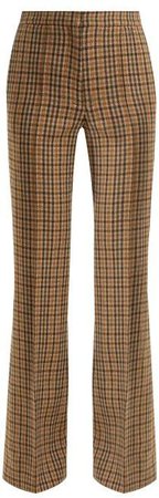 Checked Wool Blend Flared Trousers - Womens - Brown Multi