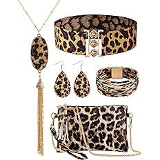 Amazon.com: Junkin 6 PCS Jewelry Set for Christmas Gift, Earrings Bracelets Multilayer Leather Cuff Clutch Purse Stretch Belt for Party Favors(Yellow, Black, Leopard): Clothing, Shoes & Jewelry