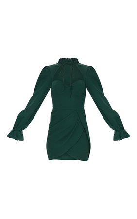 Emerald Green Tie Neck Puff Sleeve Bodycon Dress | PrettyLittleThing USA