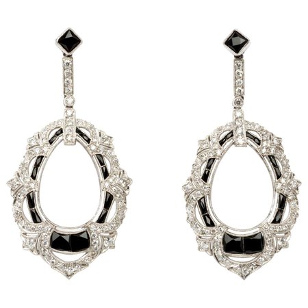 1920s Diamond, Onyx, Platinum Dangle Earrings For Sale at 1stDibs