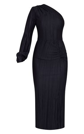 Black Plisse One Shoulder Ruched Midaxi Dress | PrettyLittleThing USA