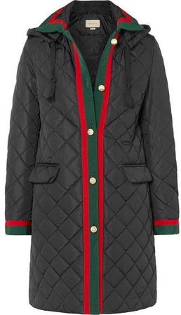 Hooded Grosgrain-trimmed Quilted Shell Coat - Black