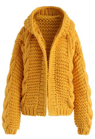 All-Over Warmth Hooded Chunky Cardigan in Mustard - Retro, Indie and Unique Fashion