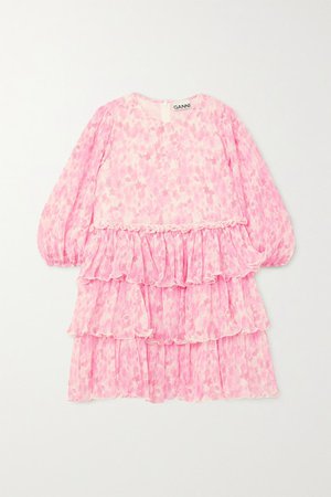 Tiered Ruffled Floral-print Plisse-georgette Mini Dress - Pink