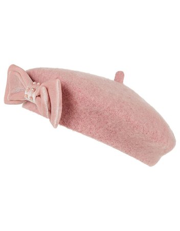 Jaime Pearly Bow Beret in Wool Blend Pink | Childrens Gloves, Hats & Scarves | Monsoon UK.