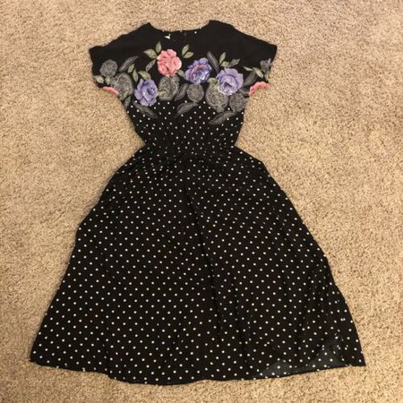 Vintage Paquette Too Black With White Polka Dot Floral Midi Dress 6 Pockets | eBay
