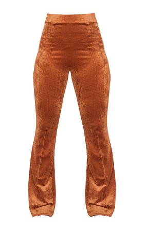 RUST VELOUR RIBBED PINTUCK DETAIL FLARED TROUSERS