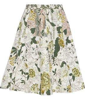 Flared Foral-print Cotton, Silk And Linen-blend Skirt