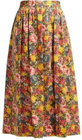 Floral Print Cotton Poplin Midi Skirt - Womens - Pink Multi
