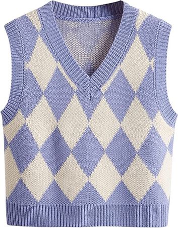 SweatyRocks Women's Plaid Geo Sleeveless V Neck Knit Crop Top Sweater Vest at Amazon Women’s Clothing store