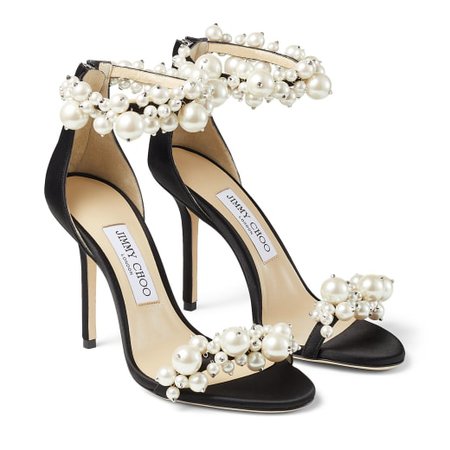 Black Satin Sandals with Pearl Embellishment | MAISEL 100 | Spring Summer 2021 | JIMMY CHOO