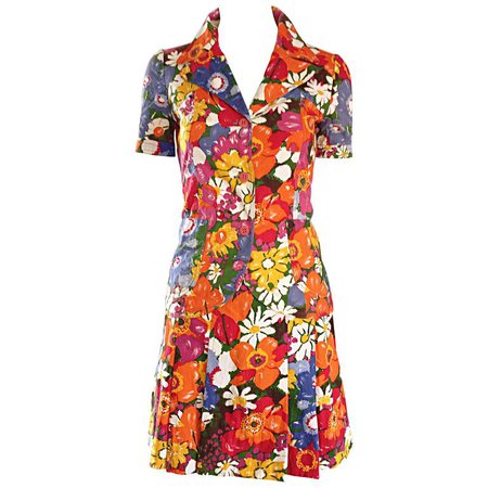 1960s Zibaut French Mod Colorful Flower Cotton Blouse & Skirt Vintage Dress Set