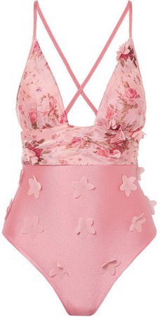 Elena Makri - Hebe Appliquéd Floral-print Swimsuit - Baby pink