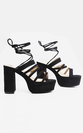 Black Platform Strappy Lace up Block Heel Sandal - Shoes | PrettyLittleThing