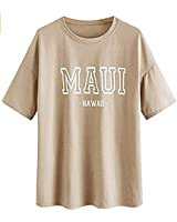 Meladyan Women’s Maui Hawaii Letter Print Oversized T Shirts Short Sleeve Round Neck Drop Shoulder Longline Tee Top Khaki at Amazon Women’s Clothing store