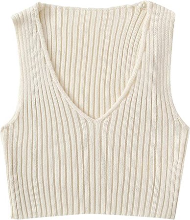 SweatyRocks Women's V-Neck Ribbed-Knit Sleeveless Crop Vest Tank Top Beige S at Amazon Women’s Clothing store