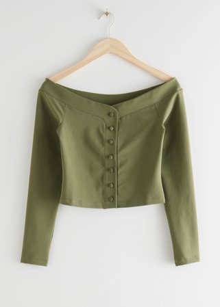 Fitted Button Up Off Shoulder Cardigan - Dark Green - Tops & T-shirts - & Other Stories