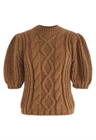 Bubble Sleeve Braided Ribbed Sweater in Tan - Retro, Indie and Unique Fashion
