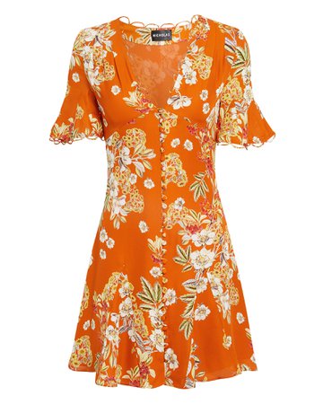 Orange Floral Godet Mini Dress