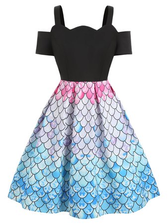 [30% OFF] Back Zipper Mermaid Scales Print Cold Shoulder Plus Size Dress | Rosegal