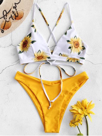 [27% OFF] [HOT] 2019 ZAFUL Sunflower Criss Cross Bikini Set In RUBBER DUCKY YELLOW | ZAFUL