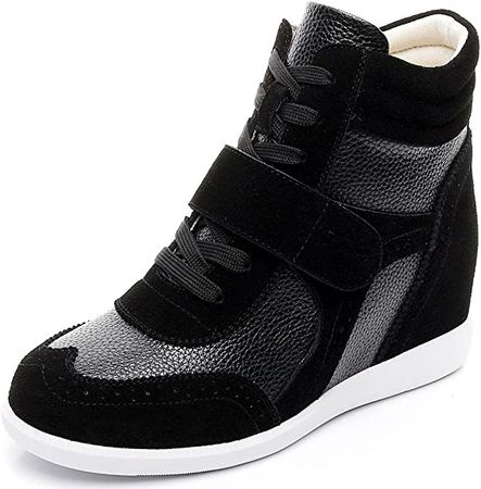 Amazon.com | rismart Women's Wedge Heel Hook-Loop Brogue High Top Comfortable Fashion Sneakers Shoes SN8599(Black_Leather,us8) | Fashion Sneakers