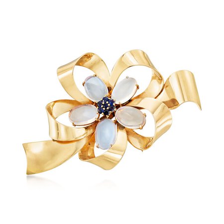 C. 1970 Vintage 8.50 ct. t.w. Moonstone and .55 ct. t.w. Sapphire Bow Pin in 14kt Yellow Gold | Ross-Simons