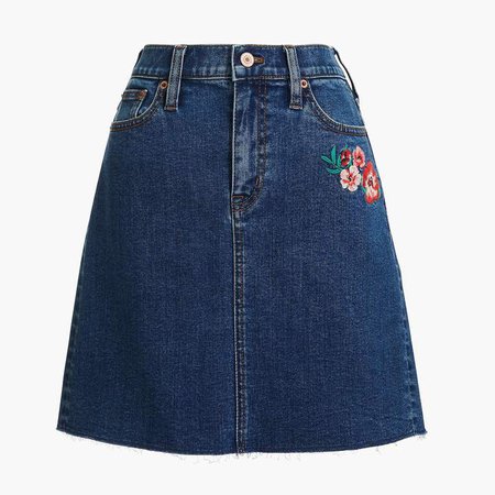 Raw edge embroidered denim mini skirt