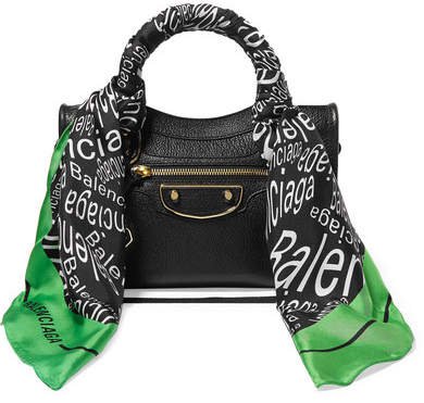 Classic City Aj Printed Silk-twill-trimmed Textured-leather Tote - Black