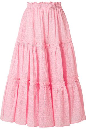 Ruffled Broderie Anglaise Cotton Midi Skirt - Baby pink
