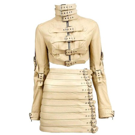 Stunning Dolce and Gabbana Bondage Buckle Leather Jacket Skirt Suit Ensemble For Sale at 1stdibs