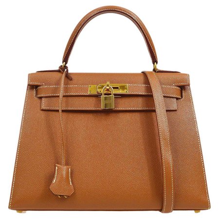 HERMES Kelly 28 Sellier Cognac Tan Brown Courchevel Gold Top Handle Shoulder Bag For Sale at 1stDibs
