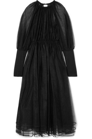 Noir Kei Ninomiya | Gathered tulle and knitted midi dress | NET-A-PORTER.COM