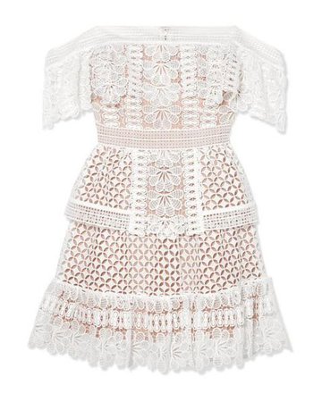 Self-Portrait Off-the-shoulder Guipure Lace Mini Dress in Ivory (White)