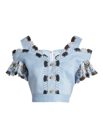 Peter Pilotto Lace-trimmed cotton and linen-blend cropped top Womens Light-blue Clothing Tops,peter pilotto for target floral dress,USA official online shop, peter pilotto swarovski earrings coupon codes