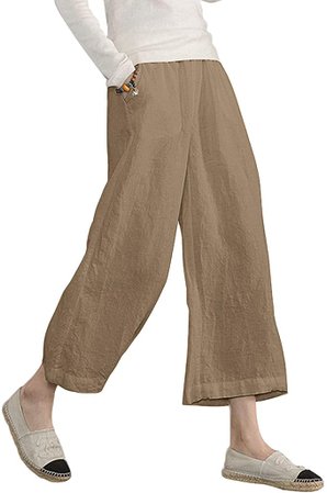 Ecupper Womens Casual Loose Elastic Waist Cotton Trouser Cropped Wide Leg Pants at Amazon Women’s Clothing store