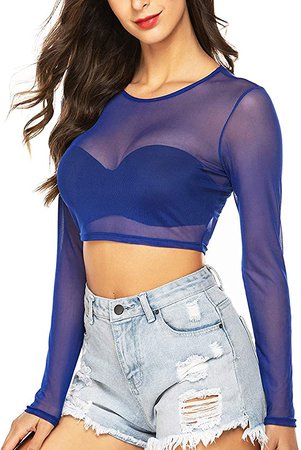 Amazon.com: Avidlove Sheer Crop Tops for Women Mesh Crop Shirt See Through Tee Blue M: Clothing