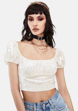 Crushed Velvet Ruched Puff Sleeve Crop Top