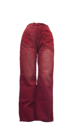 red pants w bleach stains and backward pockets on the front
