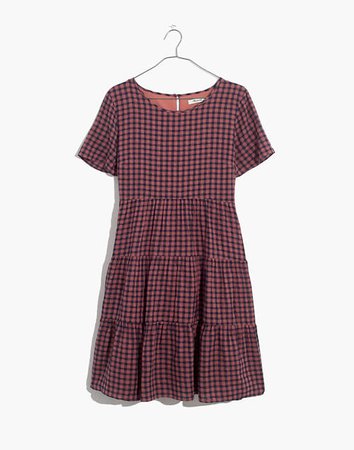 Short-Sleeve Tiered Mini Dress in Gingham Check burgundy